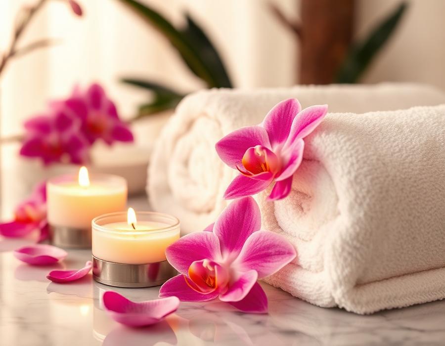 Spa candles, towels and orchid petals