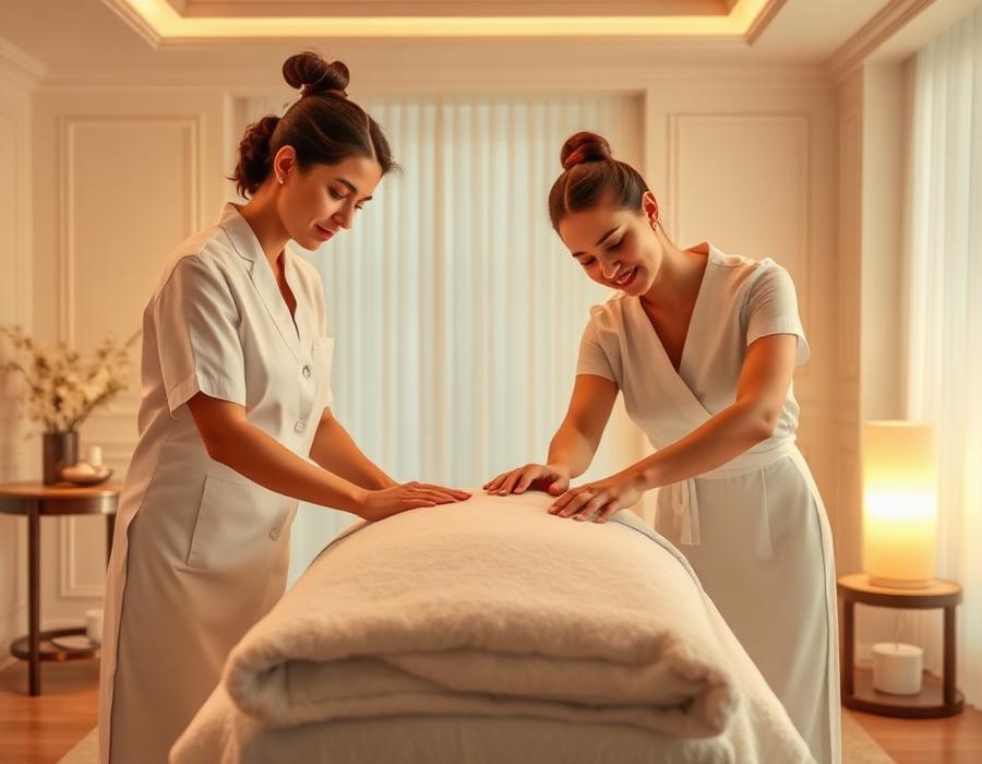 Four hand massage performed by two therapists in Dubai