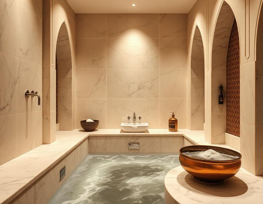 Moroccan bath hammam room with marble and steam in Deira Dubai