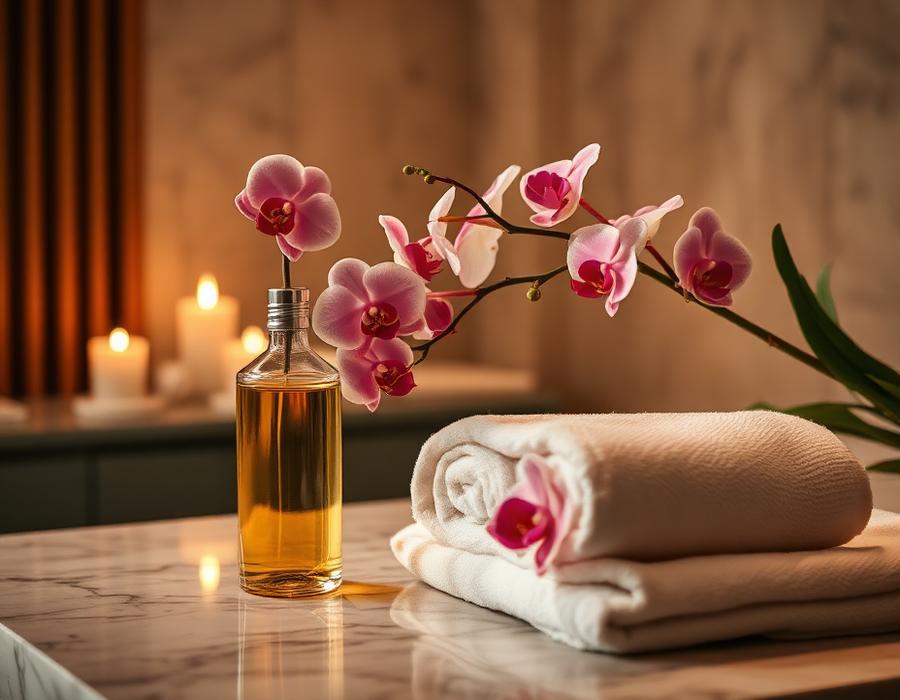 Warm aromatic massage oil and orchid flowers for traditional oil massage in Dubai